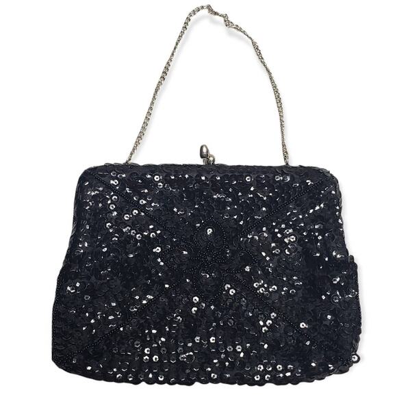 La Regale Black Sequin Evening Clutch / Purse Flower Design Silver Chain & Clasp - Picture 1 of 6